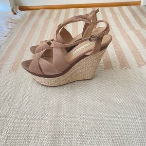 Pura Lopez Pink Suede Wedge Sandals Open-Toed Buckle. 8.5